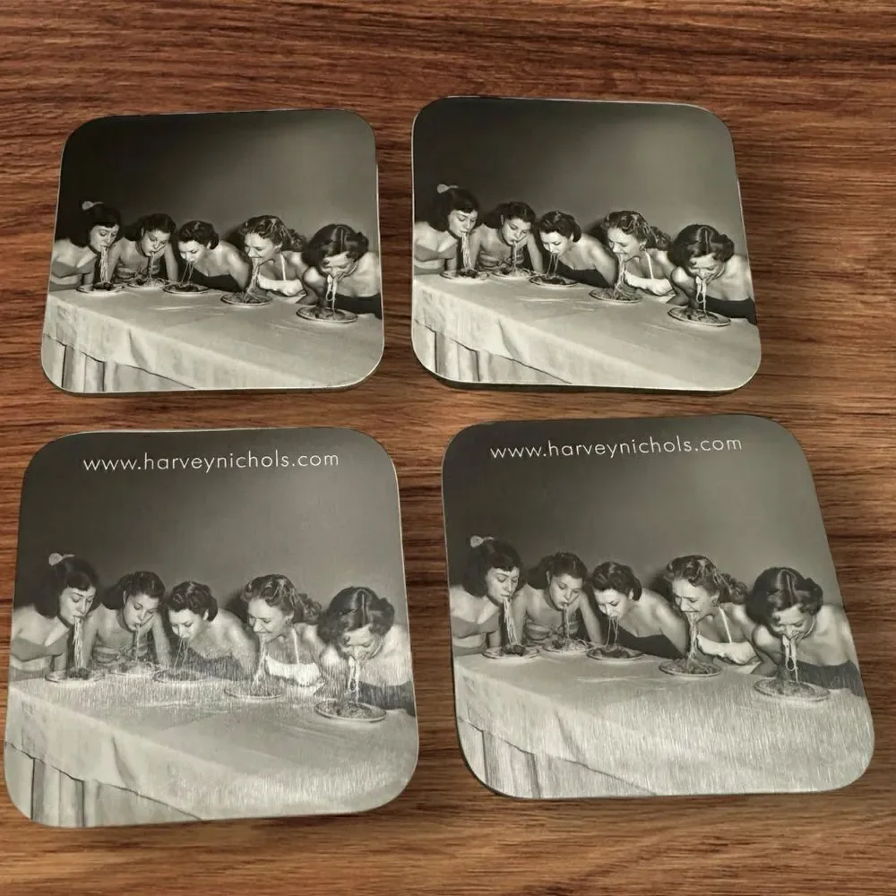 Vintage Harvey Nichols Food Market 4+1 Coasters - Retro Girls eating Spaghetti